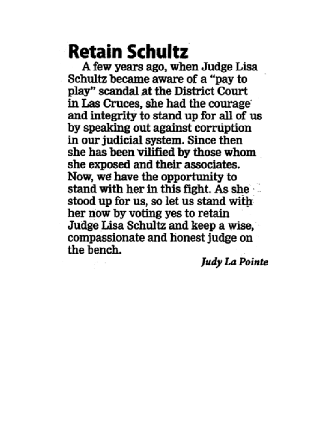 Judge Lisa Schultz Letter to Editor