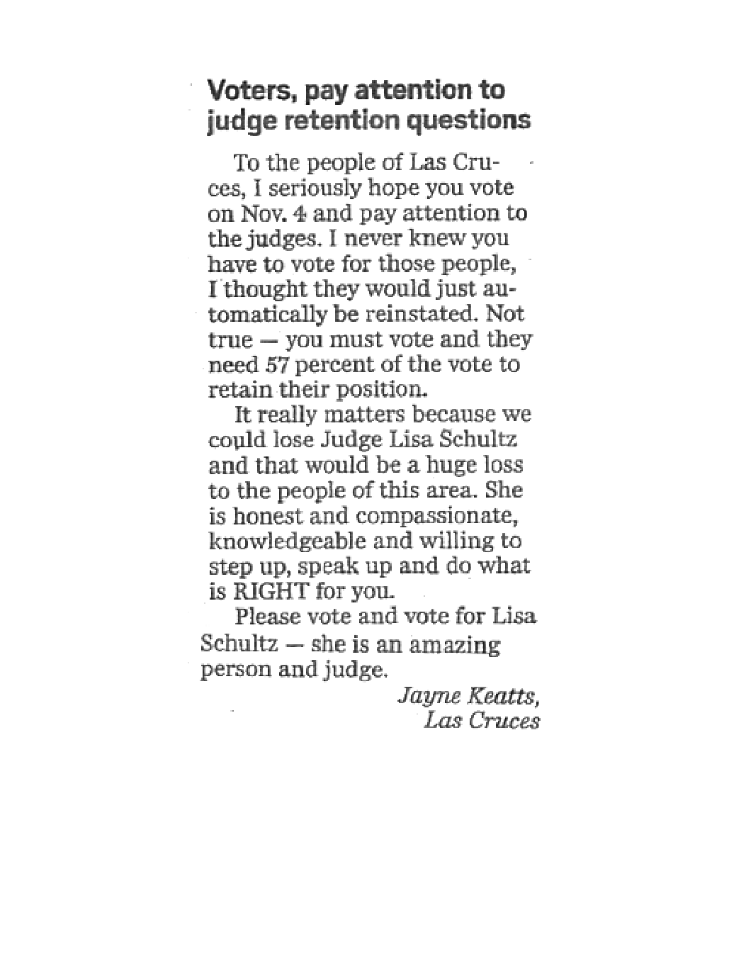 Judge Lisa Schultz Letter to Editor